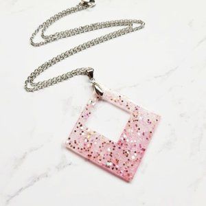 Handmade Pendant Necklace Pink Rose Gold Glitter Sparkly Geometric Resin